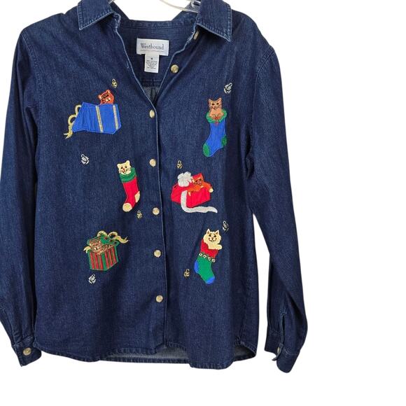 Westbound Denim Christmas Cat Lady Kittens Embroidered Shirt Button Up 90s M - Picture 3 of 13